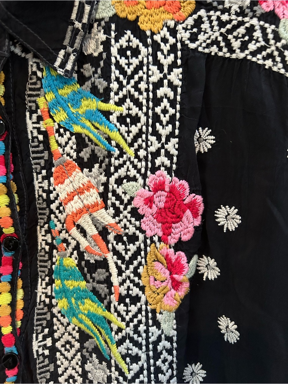Johnny Was Black Tunic with Multicolor Floral & Bird Embroidery - Picture 3 of 10